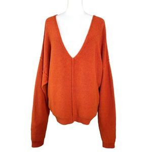 Free People Sweater Orange Take Me Places Draped Pullover  V Neck Oversize